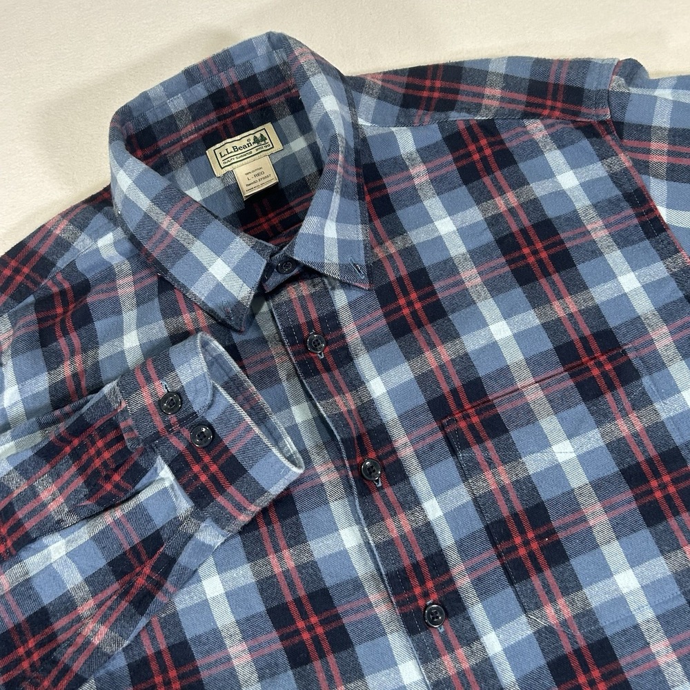 LL Bean Mens Large Blue Red White Scotch Plaid Flannel Regular Fit Outdoor Shirt